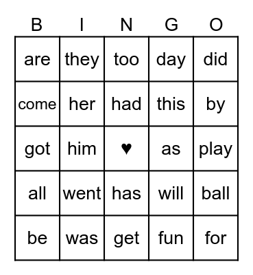 ♥ Sight Words Bingo ♥ Bingo Card