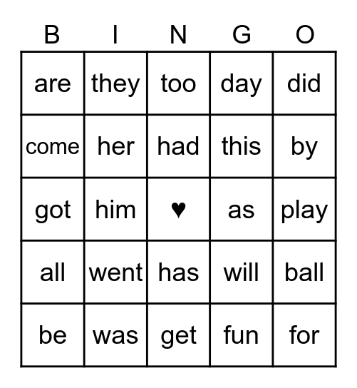 ♥ Sight Words Bingo ♥ Bingo Card