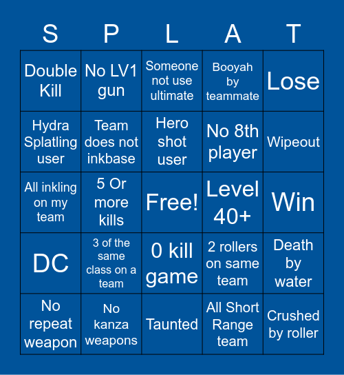 Splatoon 2 Bingo Card