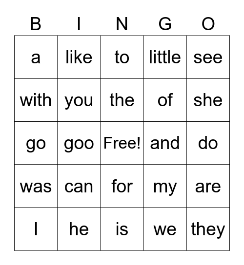 Sight Word Bingo Card