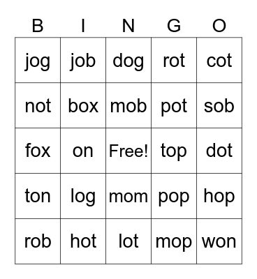 Short O Bingo Card