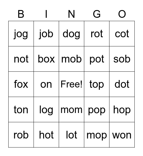 Short O Bingo Card