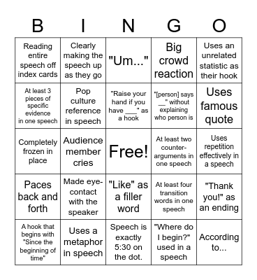 Speeches Bingo Card