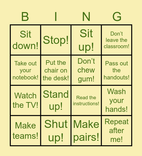 Classroom Instructions Bingo Card