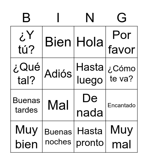 Los saludos en español Bingo Card