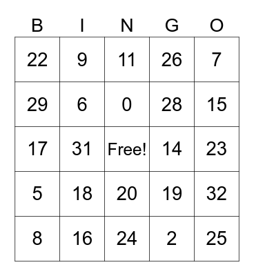 English numbers 0-30 Bingo Card