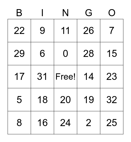 English numbers 0-30 Bingo Card