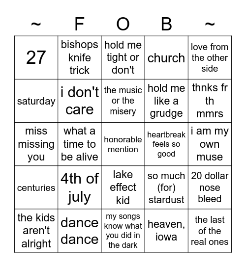 fall out boy so much for tour dust Bingo Card