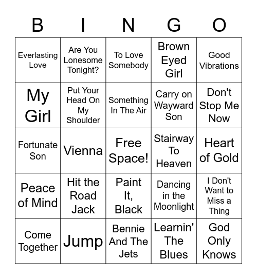 Classic Oldies Music Bingo Card