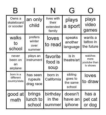 Get to Know You - Youth Bingo Card