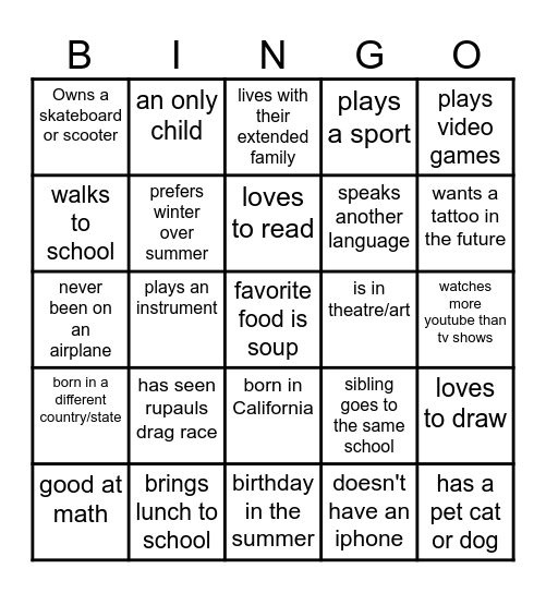 Get to Know You - Youth Bingo Card