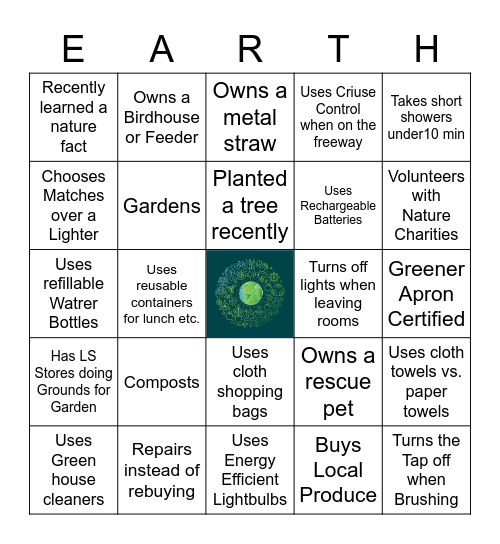 EARTH Month Bingo Card
