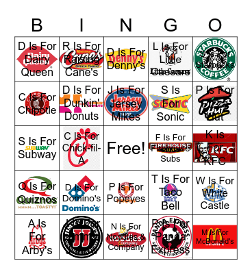 Fast Food Restaurant Logos Bingo Card