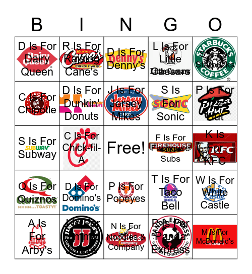 Fast Food Restaurant Logos Bingo Card