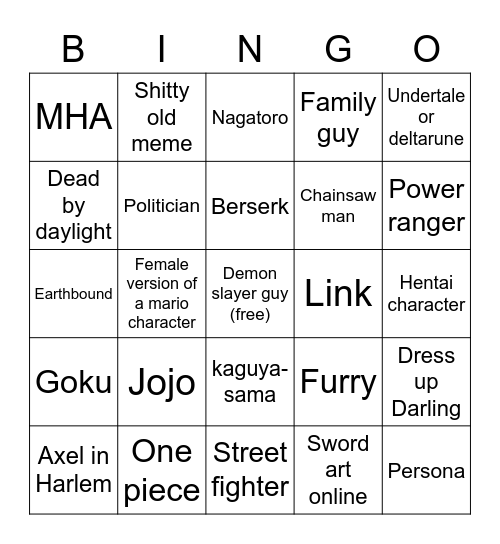 Cosplayer bingo Card