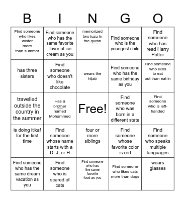 Get to Know Each Other Bingo Card