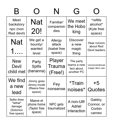 Session 18: Totally Tubular Trauma Ft. Dante from Devil May Cry Bingo Card