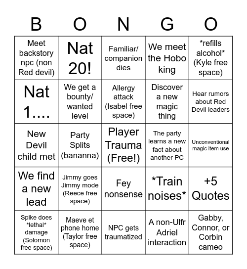Session 18: Totally Tubular Trauma Ft. Dante from Devil May Cry Bingo Card