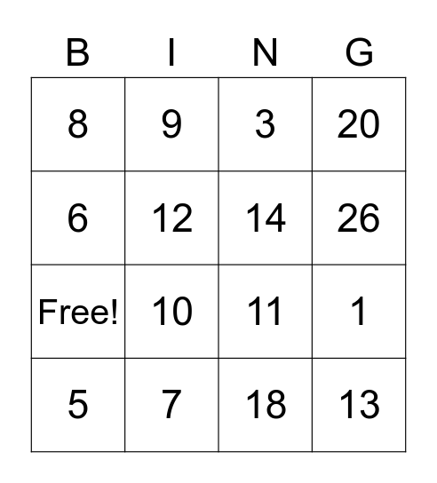 Number Bingo Card