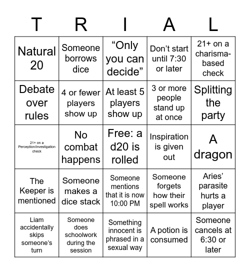 D&D Bingo March 24th Bingo Card