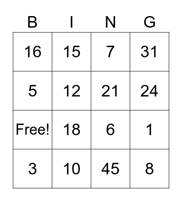 Number Bingo Card