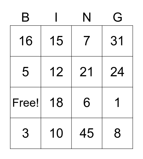 Number Bingo Card