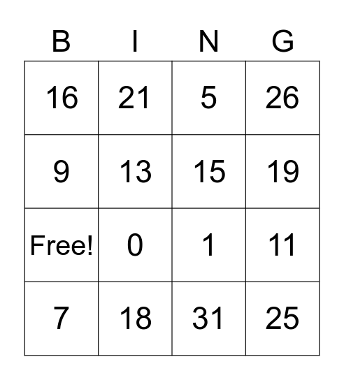 Number Bingo Card