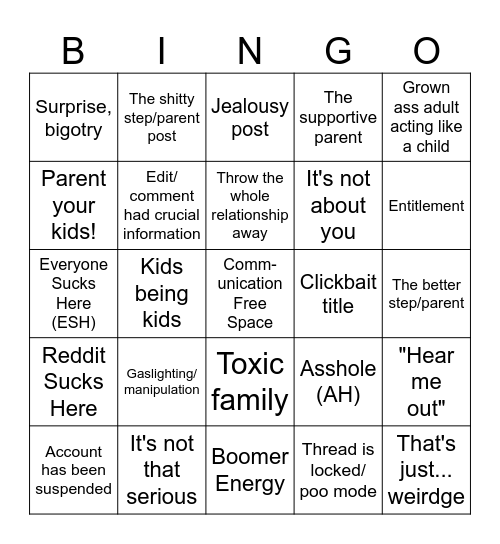 AITA Bingo Card