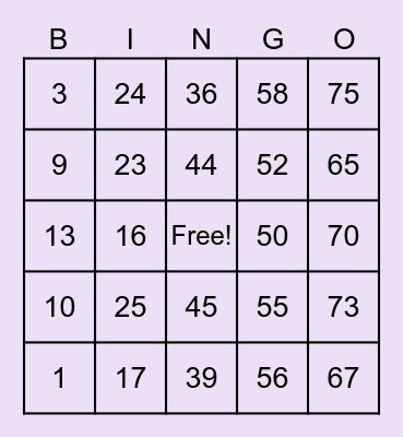 No.21 Bingo Card