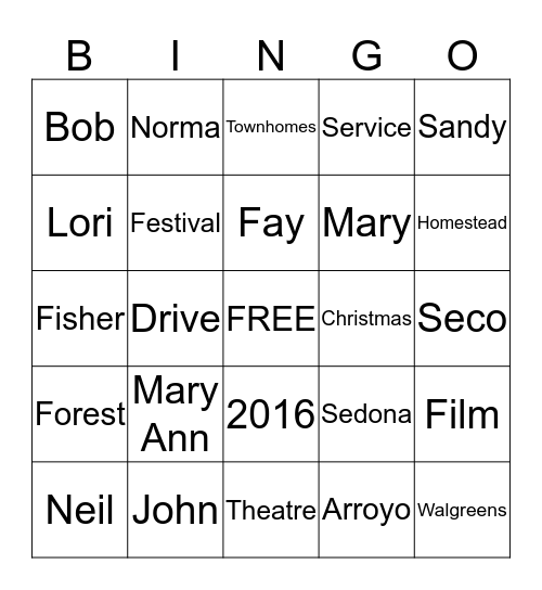 Mary Ann & John's  Bingo Game Bingo Card