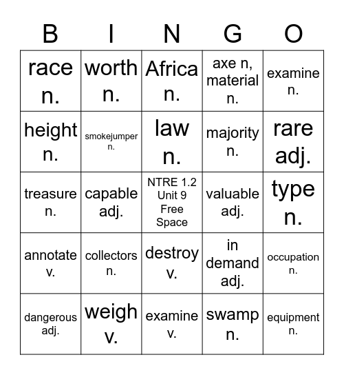 NTRE 1.2, Unit 9, Vocabulary Bingo Card