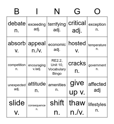 RE2.2, Unit 10,  Vocabulary Bingo Card