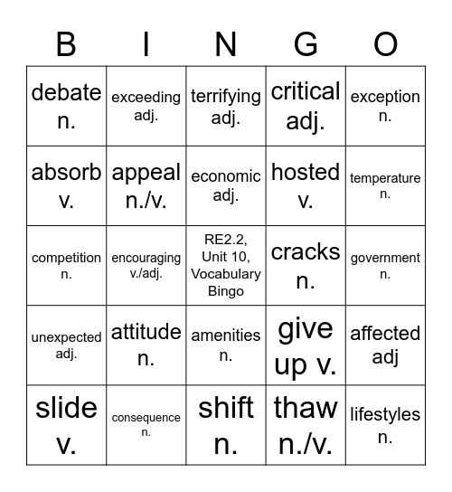 RE2.2, Unit 10,  Vocabulary Bingo Card