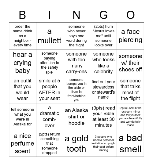 Things to do or find while on a plane Bingo Card