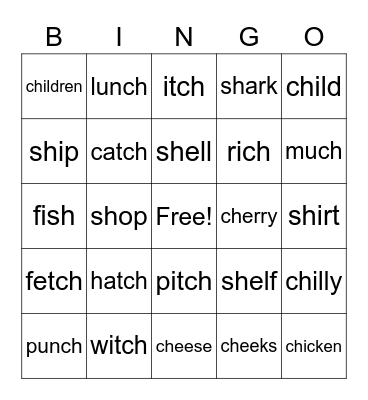 Unit 5 Phonics Bingo (sh, ch, tch) Bingo Card