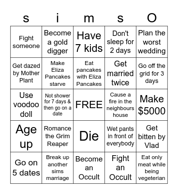 Sims 4 challenges Bingo Card