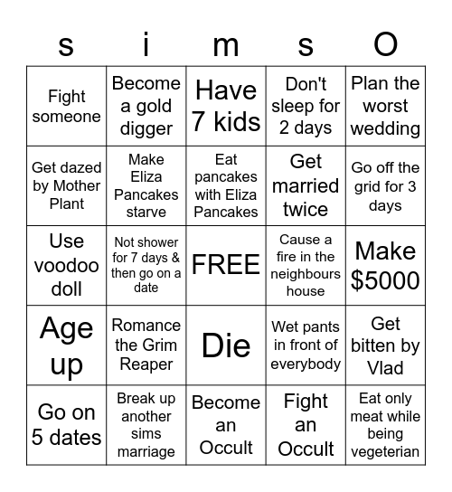 Sims 4 challenges Bingo Card