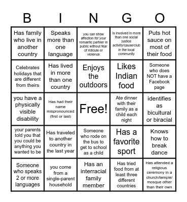 Cultural Diversity Bingo Card