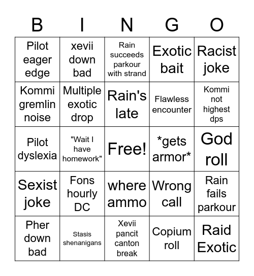 DDOC Raid Bingo Card