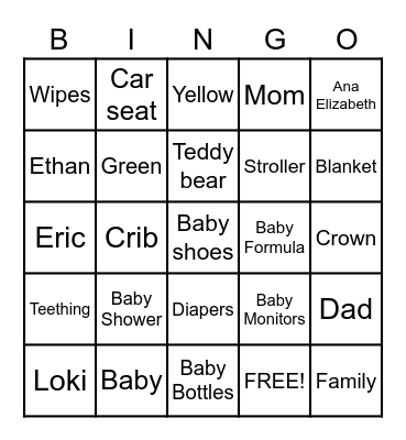 Eric and Ana Elizabeth Baby Shower Bingo Card