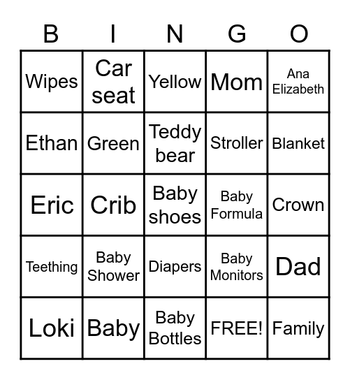 Eric and Ana Elizabeth Baby Shower Bingo Card