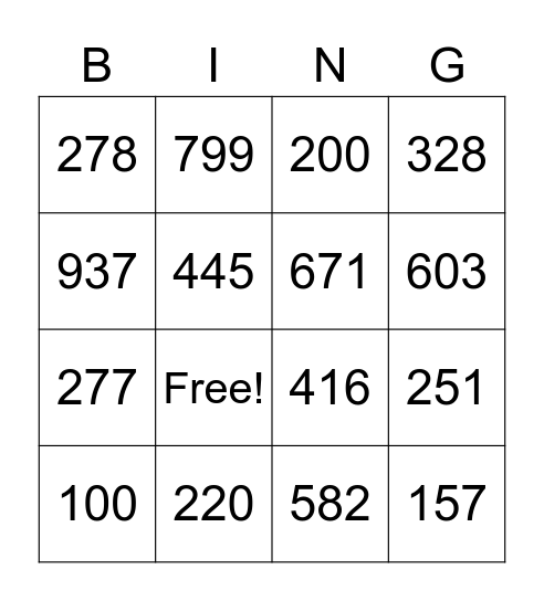 Numbers 100-999 Bingo Card