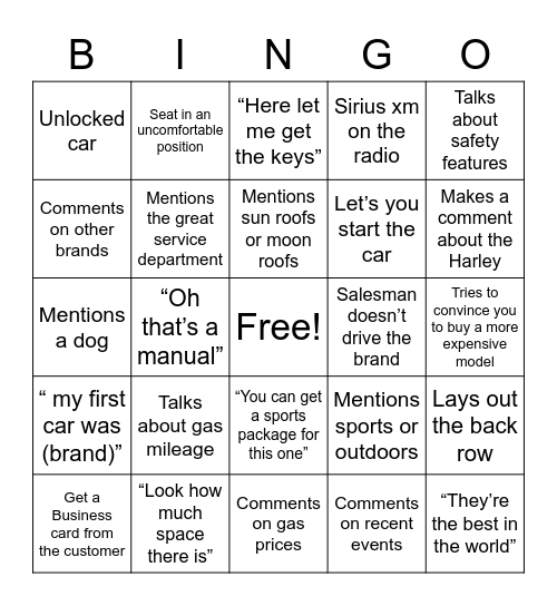 Car Dealership Bingo Card