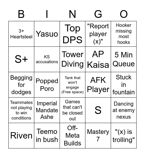 League of Legends ARAM Bingo Card