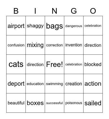 Suffix Bingo Card