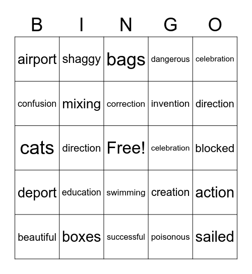 Suffix Bingo Card