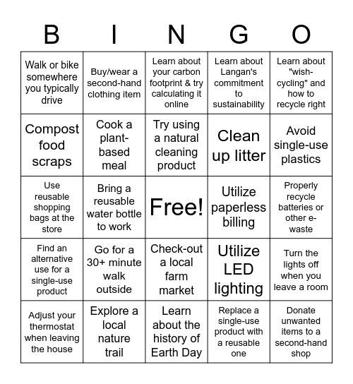 Earth Month Bingo Challenge Bingo Card