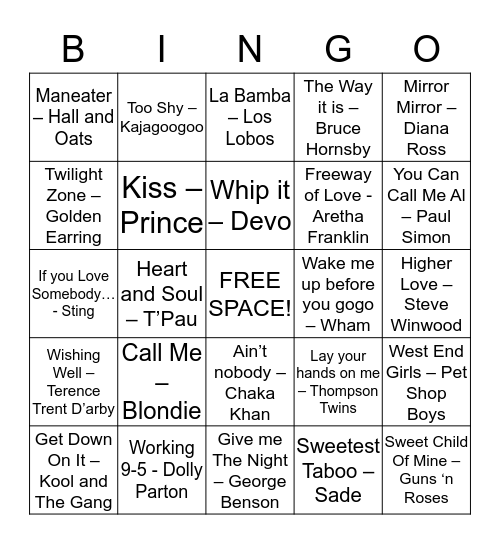 Songs from the 1980's Bingo Card