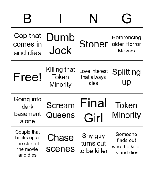 Things you'll find in Horror Movies Bingo Card