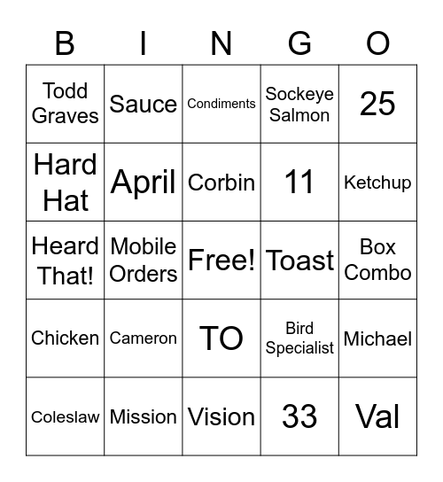 Raising Cane's Bingo Card